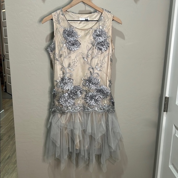 Embroidered Dress Mini Gown Beige Silver Tulle Formal Dance Homecoming Hoco - Picture 1 of 12